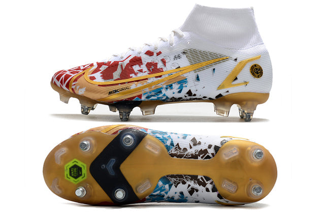 Nike Mercurial Superfly VIII Elite SG-PRO Anti-Clog Turf Soccer Cleat White/Gold - Cano Alto