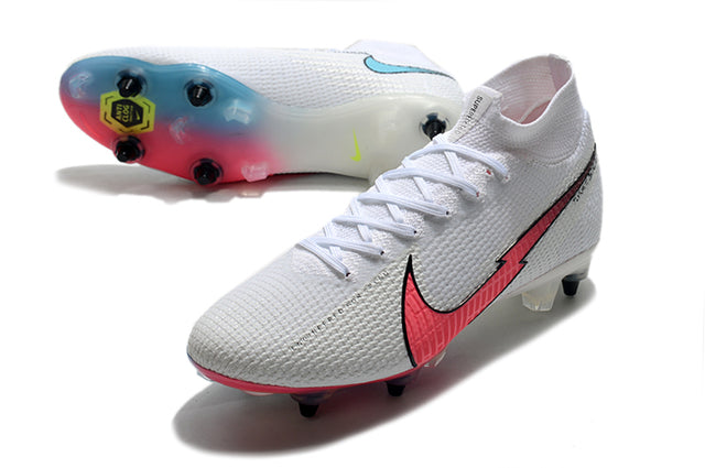 Nike Mercurial Superfly 7 Elite SG-PRO Anti-Clog Turf Soccer Cleats White/Pink/Blue - High Top