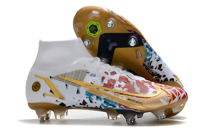 Nike Mercurial Superfly VIII Elite SG-PRO Anti-Clog Turf Soccer Cleat White/Gold - Cano Alto